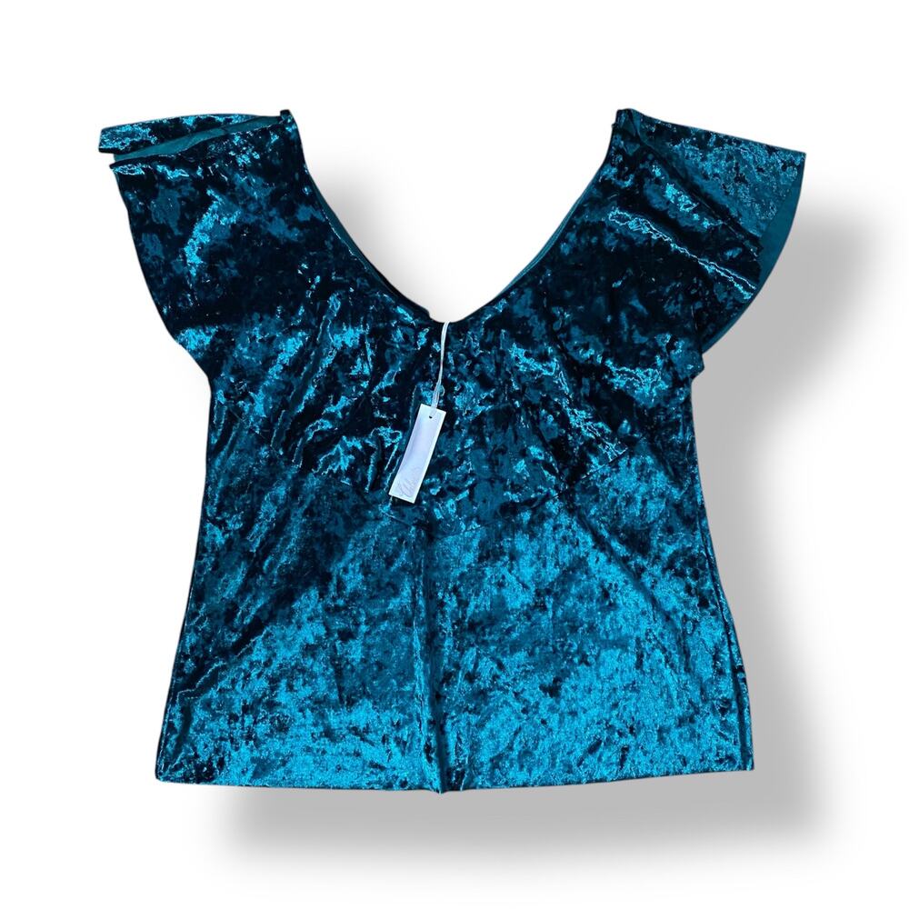 Nordstrom Chelsea28 NWT Green Velvet Ruffle Blouse Womens Size L Jewel Glam